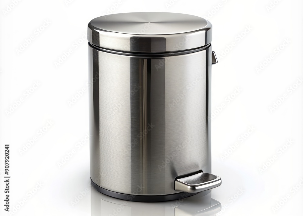Sleek, modern, rendered stainless steel trash can with lid and pedals, isolated on a pure white background, shining with a slight reflective glow. Sleek, modern, rendered stainless steel trash can with lid and pedals, isolated on a pure white background, shining with a slight reflective glow.
