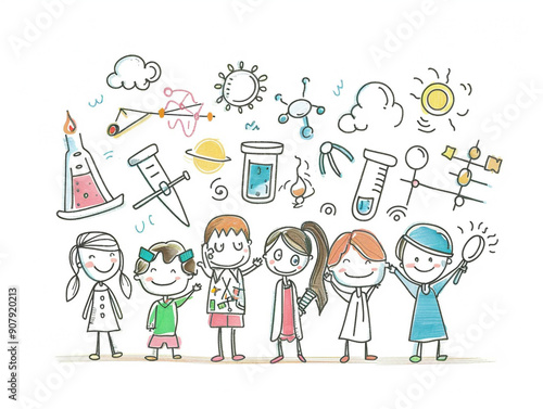 A children's drawing of a joyful science subject exploration with a white background.