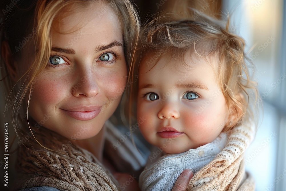 Portrait of a loving mother and her happy baby, both with blue eyes, sharing a tender moment in natural light. Portrait of a loving mother and her happy baby, both with blue eyes, sharing a tender moment in natural light.