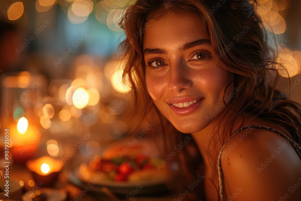Smiling woman enjoying a cozy candlelit dinner with a warm ambiance and soft lighting. Smiling woman enjoying a cozy candlelit dinner with a warm ambiance and soft lighting.