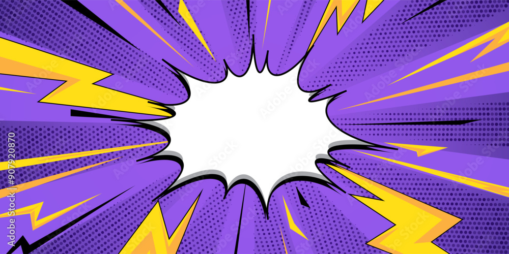 Blank comic cartoon purple background with thunder lightning, cartoon pop art style with empty dialog bubble
