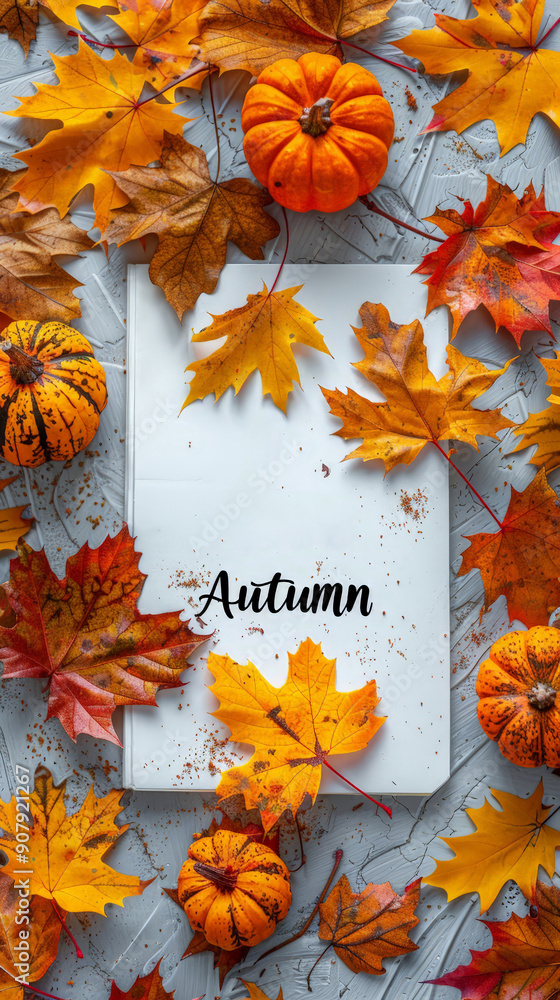 Autumn leaves and pumpkins surrounding white sheet with autumn text, ideal for autumn greetings and seasonal promotions. Autumn leaves and pumpkins surrounding white sheet with autumn text, ideal for autumn greetings and seasonal promotions.