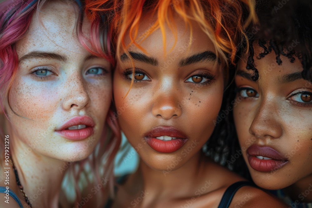 Close-up portrait of three diverse young women with vibrant hair colors and expressive faces, showcasing individuality and beauty
Close-up portrait of three diverse young women with vibrant hair colors and expressive faces, showcasing individuality and beauty