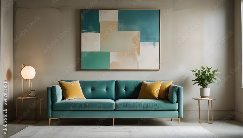 In a loft-style home interior design of a modern living room, a blue and beige loveseat sofa near a window against a concrete wall adorned with an art poster In a loft-style home interior design of a modern living room, a blue and beige loveseat sofa near a window against a concrete wall adorned with an art poster