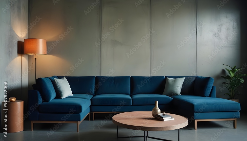 A loft-style home interior design of a modern living room showcases a blue sofa and side table with a lamp against a grunge concrete wall A loft-style home interior design of a modern living room showcases a blue sofa and side table with a lamp against a grunge concrete wall