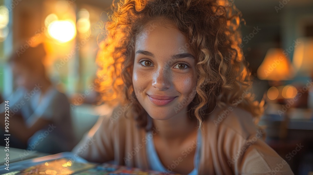 Smiling woman with curly hair enjoying a warm sunset indoors, with soft lighting and a cozy background, capturing a moment of joy and relaxation. Smiling woman with curly hair enjoying a warm sunset indoors, with soft lighting and a cozy background, capturing a moment of joy and relaxation.
