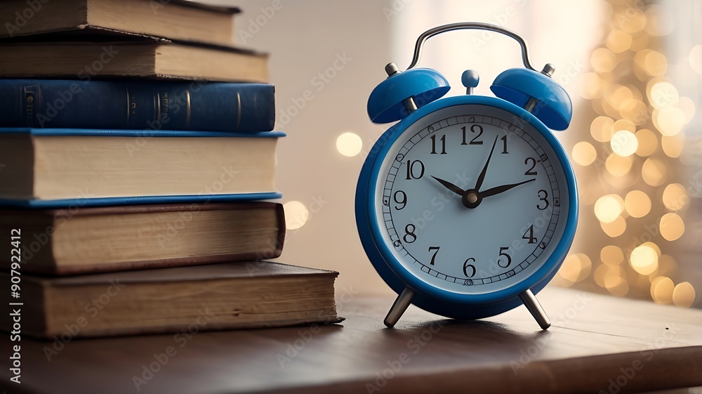 stack of books and a blue alarm clock stack of books and a blue alarm clock