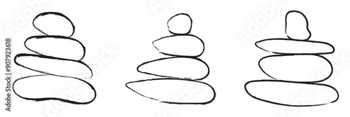 Balanced Zen stone logo template Vector Zen yoga stones stack or spa pebbles black and white graphic line illustration.