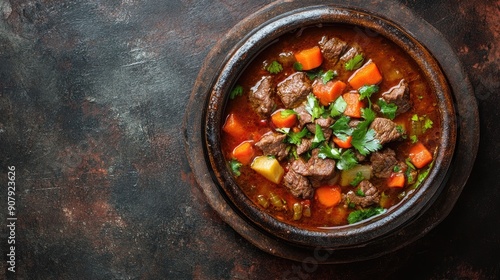 Top view of a traditional Chilean cazuela, a hearty stew with beef and vegetables, with room for text