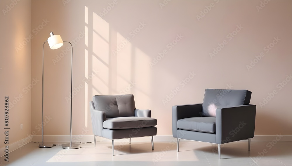 Interior with an armchair and a floor lamp against a wall with copy space Interior with an armchair and a floor lamp against a wall with copy space