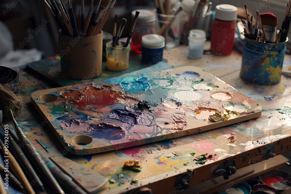 A photo of a colorful palette filled with various paint colors and brushes on an artist's desk during midday A photo of a colorful palette filled with various paint colors and brushes on an artist's desk during midday