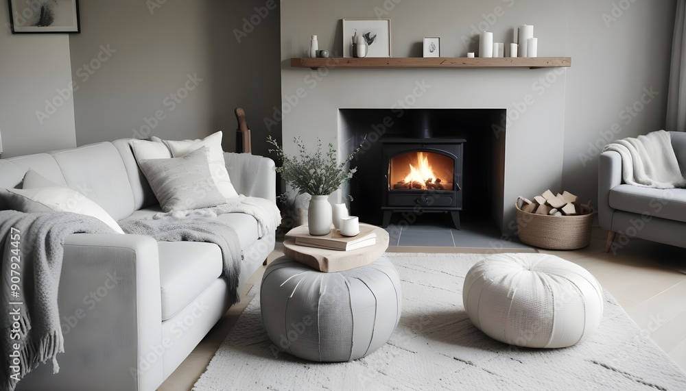 Interior design of a scandinavian living room with a fireplace and a gray sofa Interior design of a scandinavian living room with a fireplace and a gray sofa