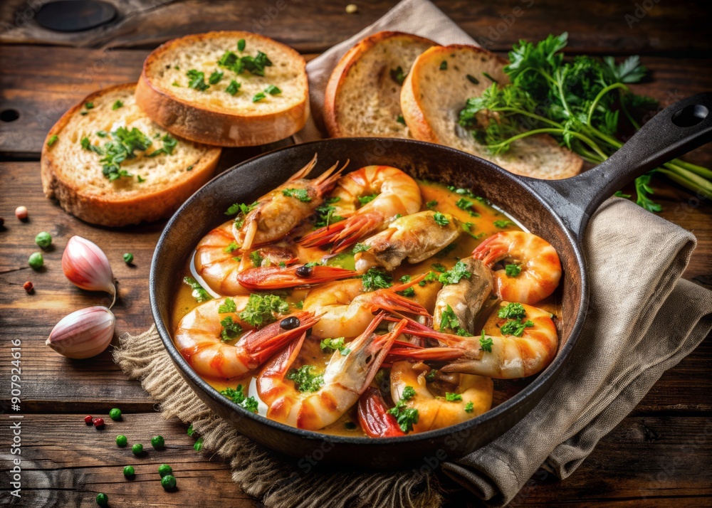 Savory prawns sizzling in a skillet, smothered in a rich garlic butter sauce, garnished with fresh parsley and served with crusty bread on a rustic table. Savory prawns sizzling in a skillet, smothered in a rich garlic butter sauce, garnished with fresh parsley and served with crusty bread on a rustic table.