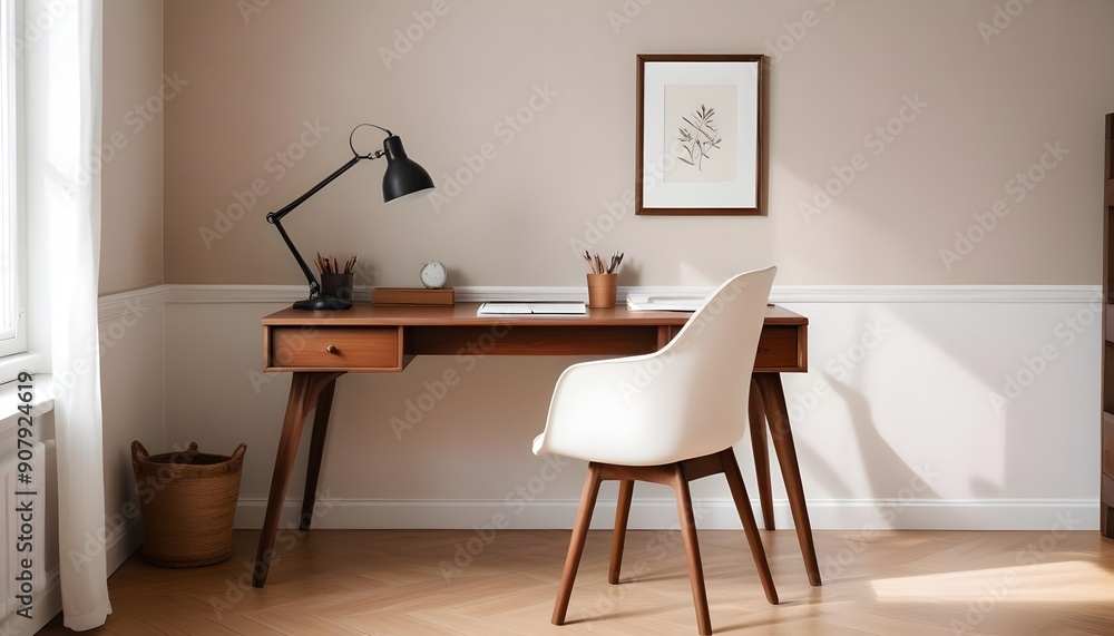 Interior design of modern scandinavian home office with a wooden drawer writing desk and a white chair against a grey wall Interior design of modern scandinavian home office with a wooden drawer writing desk and a white chair against a grey wall