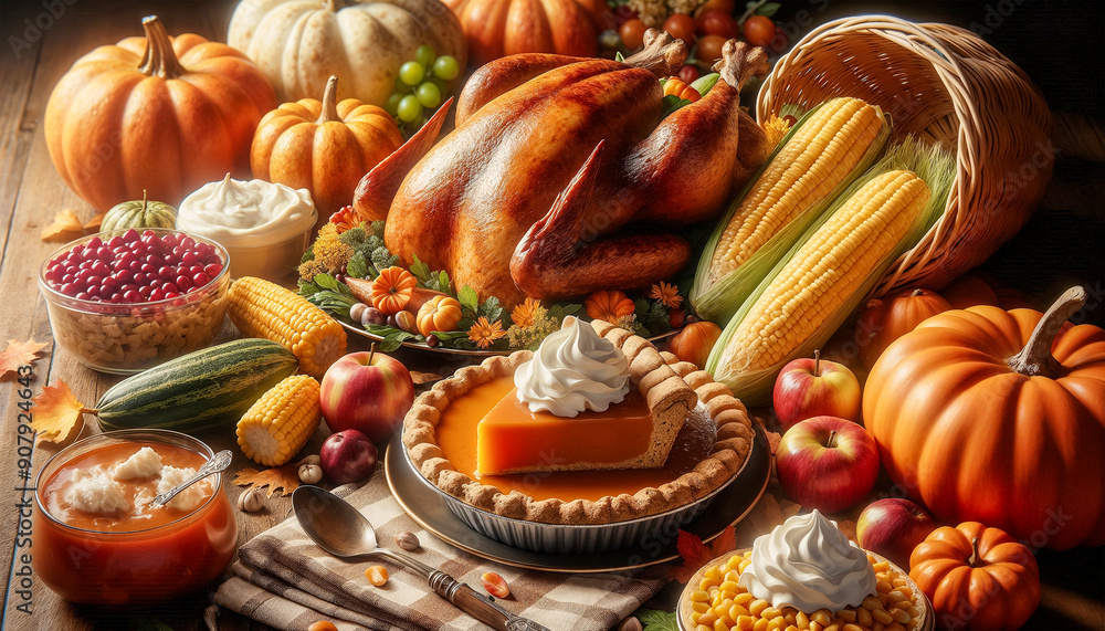 A close-up of a Thanksgiving dinner with turkey, pumpkin pie and a cornucopia | Happy Thanksgiving Day A close-up of a Thanksgiving dinner with turkey, pumpkin pie and a cornucopia | Happy Thanksgiving Day