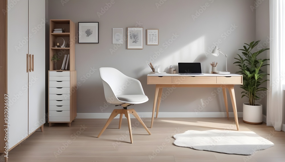 Interior design of modern scandinavian home office with a wooden drawer writing desk and a white chair against a grey wall Interior design of modern scandinavian home office with a wooden drawer writing desk and a white chair against a grey wall