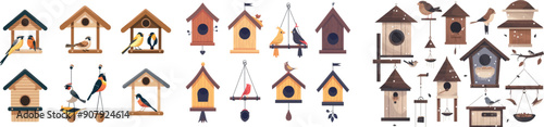 Bird feeder with winter birds eating from different wooden feeders. Cartoon tit and pigeon, bullfinch and sparrow. Modern elements of North America.