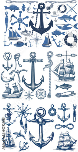 An elegant and modern nautical elements and icons set. Anchor, lifebuoy, sailboat and anchor.