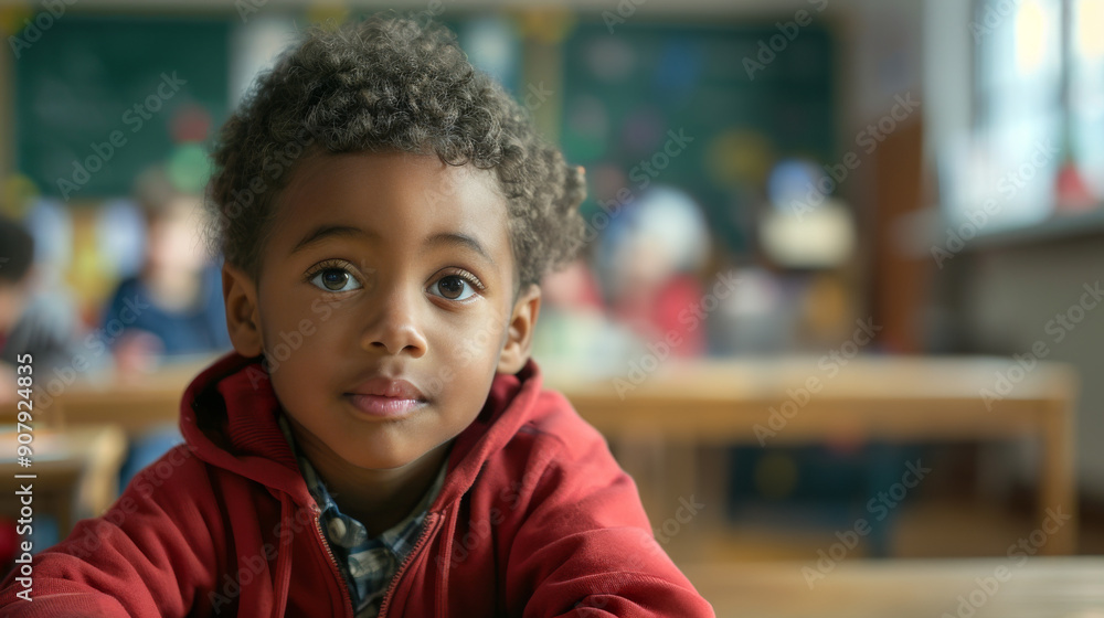 Smiling Young African American Boy in Classroom with Students. Day care studies. Generative ai Smiling Young African American Boy in Classroom with Students. Day care studies. Generative ai