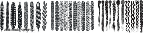 Brushes with braided lines. Knitted seamless pattern with braided frames. Design ideas using rope or plait elements. Nice modern graphic set with cord decoration borders.