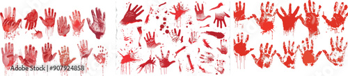 Stains of bloods, bloody fingerprints, and palm prints. Crime scene isolated elements. Neoteric modern clipart.