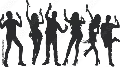Party people silhouettes including drinkers and dancers, funky adults and teenagers dancing with friends.