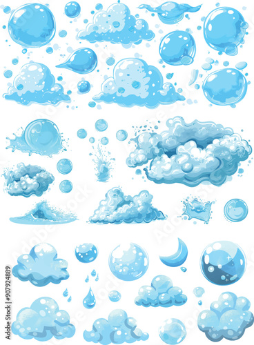Isolated snugly modern clipart of soap foams or bubbles of shampoo. Different shapes of foams or bubbles of shampoo or wash gel.