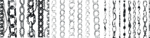 This is a seamless pattern featuring chain brushes. Chains threaded with jewelry and a black silhouette, surrounded by technical elements, such as machine elements or cable elements.