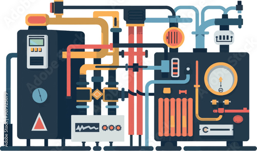 Home heating system with smart technologies that save energy. Boilers and room batteries with thermostat, decent modern design