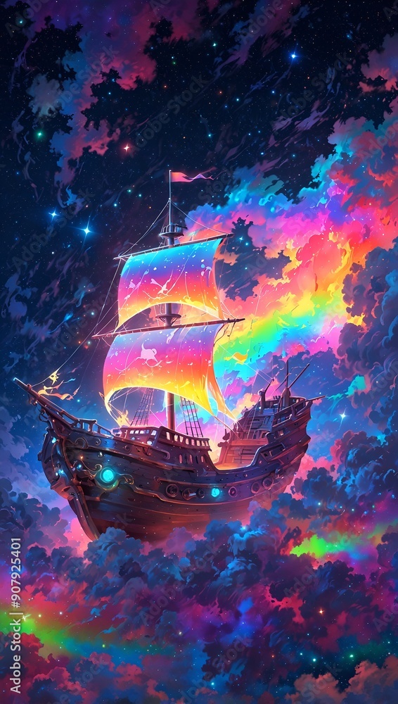 Fototapeta premium Pirate ship flying in the colorful night sky