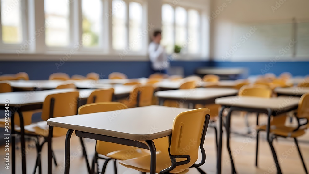 a empty student desk arrangement in a classroom with a blurry background a empty student desk arrangement in a classroom with a blurry background