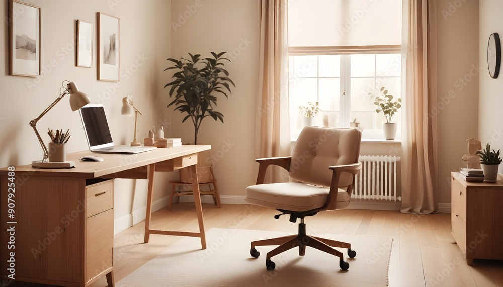 Interior design of a modern scandinavian home office with a cozy home workplace featuring a wooden drawer writing desk and fabric chair Interior design of a modern scandinavian home office with a cozy home workplace featuring a wooden drawer writing desk and fabric chair