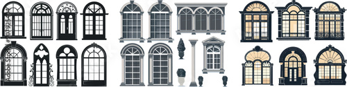 Decorative buildings clipart. Collection of black window frames. Architectural classic home designs.