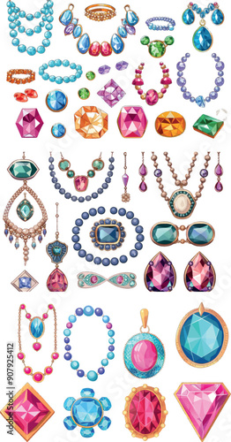 Stylish jewelry set for women. Including earrings, bracelets, necklaces and precious jewels. Modern collection.