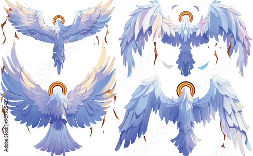 Flying angel angels and sparkle nimbus. Simple fly bird symbols, snugly modern graphic.