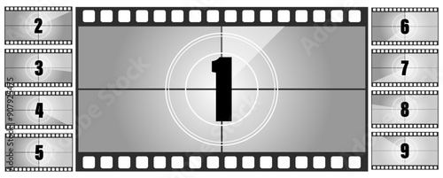 Vintage retro cinema. Countdown frame. Art design. Old film movie timer count. 