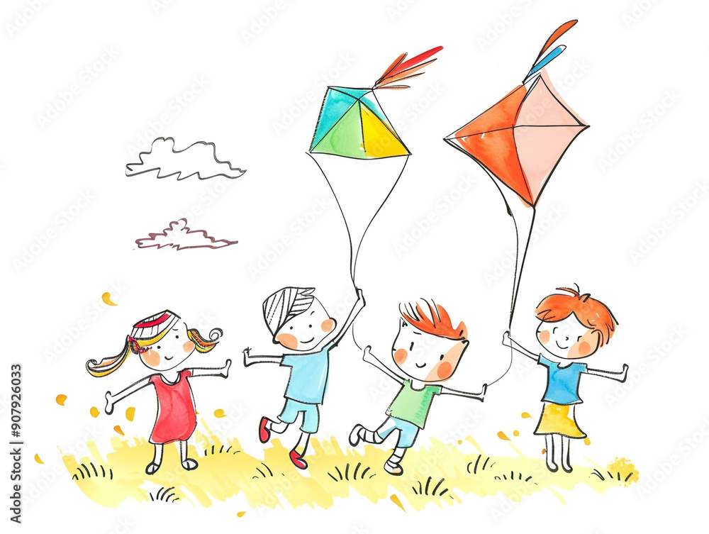 Fototapeta premium Hand drawn kids playing kites in the playground. Stick figure illustration on a white background. 
