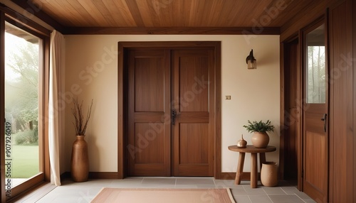 Interior design of a modern rustic entrance hall with a door in a cozy hallway with a beam ceiling and wooden wall decor in a farmhouse