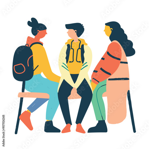 Three diverse young adults chatting, one carrying backpack, seated chairs, casual clothing, vector illustration. Ethnic diversity, friendly discussion, youth social interaction, isolated white