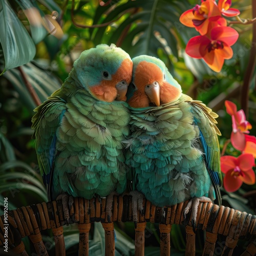 Endearing Pair of Lovebirds Cuddling Among Tropical Foliage and Vibrant Flowers photo