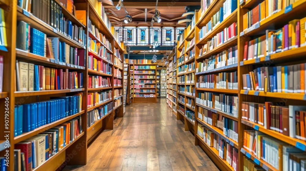 Bookshelf with colorful books in a library. Bookshelf with colorful books in a library.