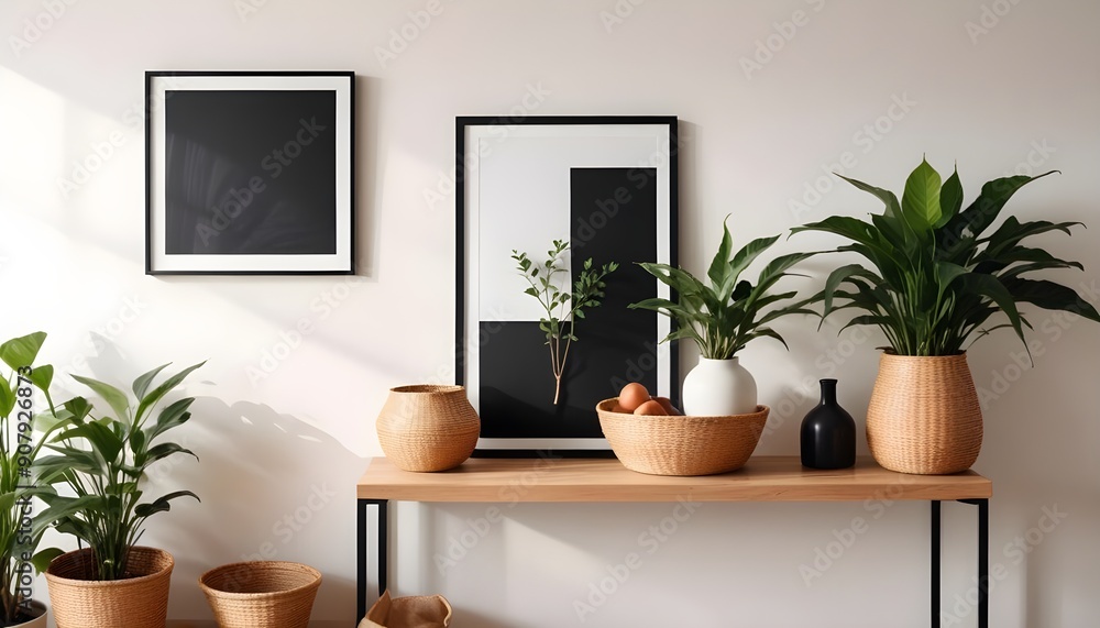 Interior design of a modern living room with a white wall and home decor pieces, featuring an empty mock-up black poster frame on a wooden shelf Interior design of a modern living room with a white wall and home decor pieces, featuring an empty mock-up black poster frame on a wooden shelf