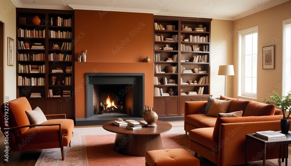 Interior design of a modern living room with a velvet terracotta sofa Interior design of a modern living room with a velvet terracotta sofa