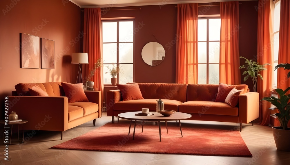 Fototapeta premium Interior design of a modern living room with a velvet terracotta sofa