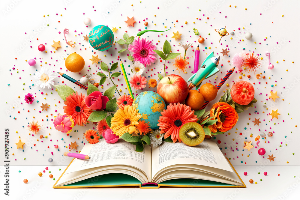 Colorful Open Book with Flowers, Fruits, and Educational Elements Exploding in Creative Burst. Book lovers day, Back to school concept Colorful Open Book with Flowers, Fruits, and Educational Elements Exploding in Creative Burst. Book lovers day, Back to school concept