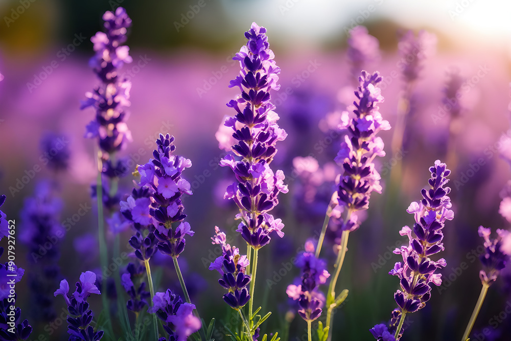 Naklejka premium The beauty of lavender flowers in a field, with a focus on the detailed purple blooms. The blurred background, ideal for botanical and floral designs