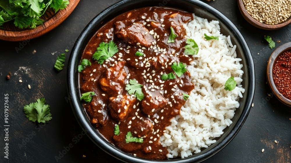 Top view of a traditional Mexican mole poblano with chicken, rice, and sesame seeds. Top view of a traditional Mexican mole poblano with chicken, rice, and sesame seeds.