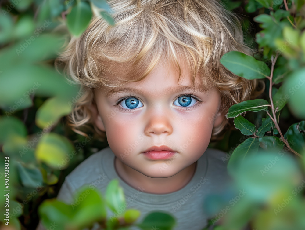 Blonde toddler boy with blue eyes hiding in bush Blonde toddler boy with blue eyes hiding in bush