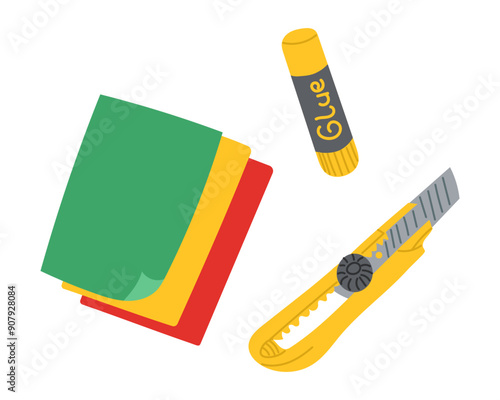 Color paper with stationery knife and glue. Traditional kids craft art supplies, creative hobby accessories, top view. Flat vector illustration isolated on white background