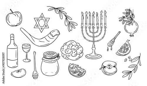 Rash Hashanah holiday doodle set. Monochrome vector contour stickers with shofar, menorah and ripe season fruits isolated oh white background. Sketchy drawing of items related to Jewish holiday